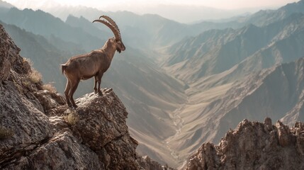 Ibex standing proudly atop a rugged cliff with a wide mountain valley below