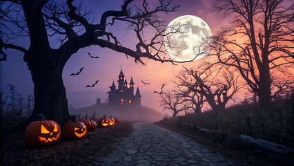 Spooky halloween night with a haunted castle glowing jack o lanterns and bats flying under a full moon