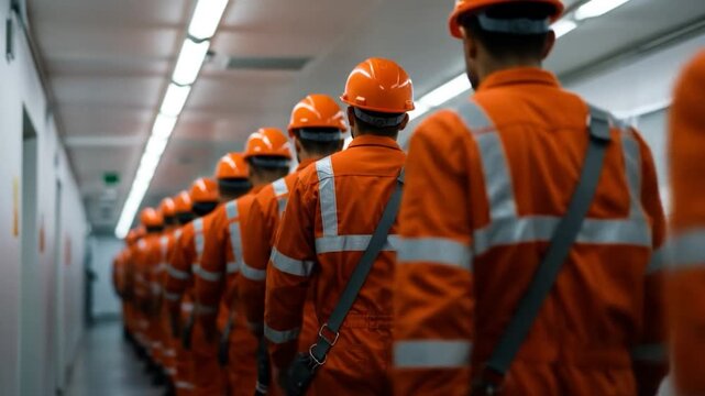 Construction worker team in orange uniforms walking in a row industrial setting