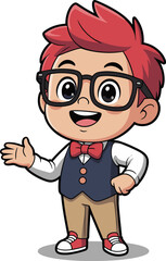 Cartoon boy with red hair, glasses, blue vest, red bow tie, presenting gesture, educational pose, vector illustration, isolated character