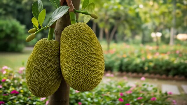 Fresh jackfruit hanging from tree branch