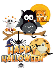 Obraz premium A cute cartoon vector illustration set of Halloween icons with funny owls, cats, bats, pumpkins, and ghosts