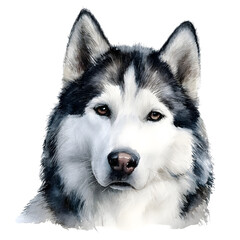 Obraz premium A fluffy white Siberian Husky with blue eyes stands alone on a snowy winter background. It is a cute purebred dog.