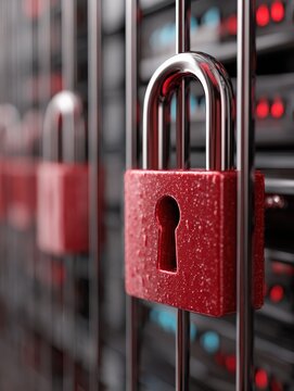 red lock icon on a server in a secure data center symbolizing strong data protection and cybersecurity