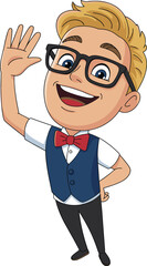 Cartoon character with blonde hair, blue vest, red bow tie, waving hand, isolated, vector illustration, cheerful, formal, animated