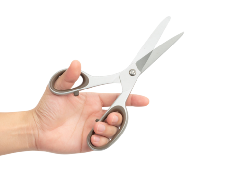  Hand Holding Open Scissors with Blades Apart, top-down perspective, isolated