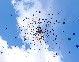 Colorful balloons released into a bright sky