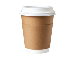 Vaso de café para llevar marrón con tapa blanca y funda de cartón, vista en ángulo, aislado