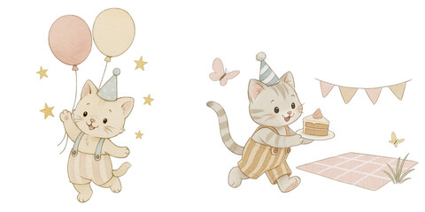 Fototapeta premium Watercolor kittens with balloons and birthday cake – party nursery illustration