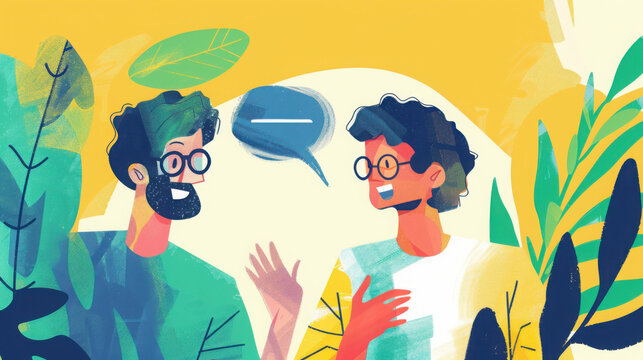 Two people talking with a speech bubble between them surrounded by plants and a yellow background - Powered by Adobe