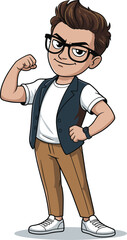 Cartoon character with glasses, white t-shirt, blue vest, flexed arm, confident pose, casual outfit, vector illustration