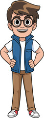 Cartoon character, blue vest, white t-shirt, brown pants, red-accent sneakers, hands on hips, confident pose, vector art, casual style, animated illustration