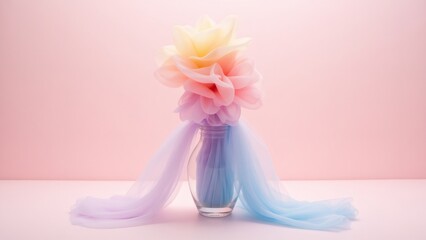 Pastel Tulle Flowers in Glass Vase Against Pink Background