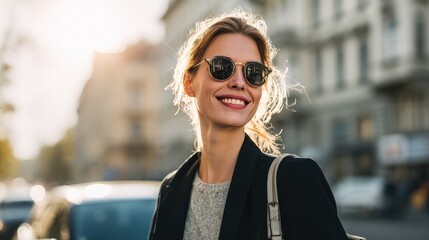 Obraz premium portrait of successful happy woman on her way to work on street confident business woman wearing blazer carrying side bag walking with a smile smiling woman wearing sunglasses and walking on street n