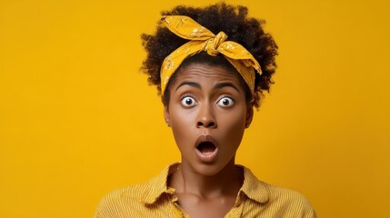 amazed dark skinned housewife has stupefied expression wears headband on head poses against yellow background with copy space for your advertising content surprised african american woman no logos no