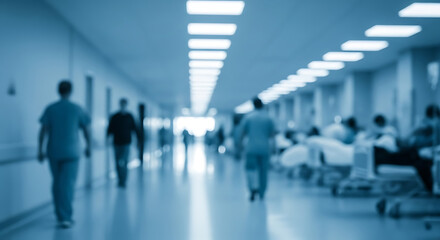 Photo of blurred hospital corridor with people and patient beds