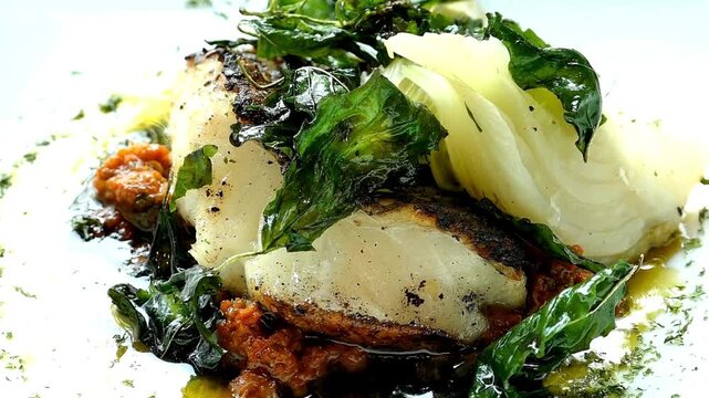 Close up of a gourmet fish dish with vegetables and herbs on a white plate