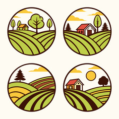 Stylized farm landscapes in circular frames