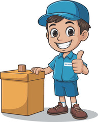 Cartoon delivery person with thumbs-up, blue uniform, cardboard box, name tag, cheerful pose, logistics theme, vector illustration