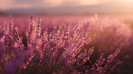 Obraz premium Lavender field at sunset with soft pink light and purple blooms flowers