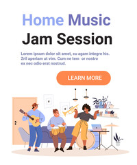 Home music jam session musicians playing instruments cozy living room plants decor modern interior diverse people digital art