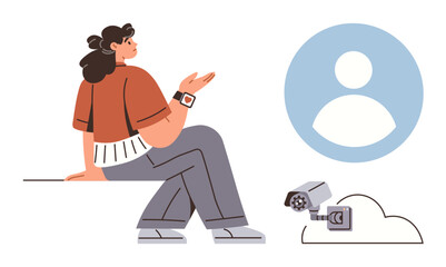 Woman gesturing while seated, smartwatch visible, camera monitoring, and user icon in cloud. Ideal for technology, privacy, surveillance, cloud storage, IoT online identity security awareness