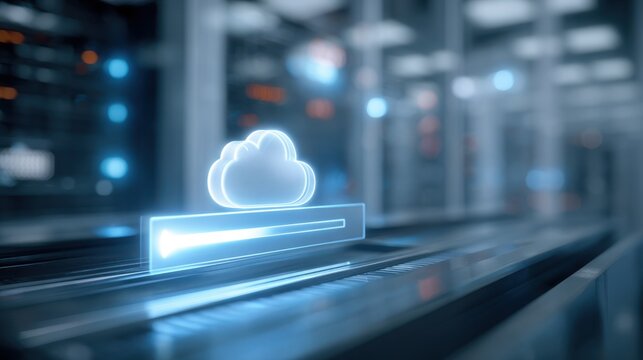Side angle medium shot of a progress bar advancing on a transparent screen depicting data migration from legacy PACS to cloud storage with tech equipment blurred behind.