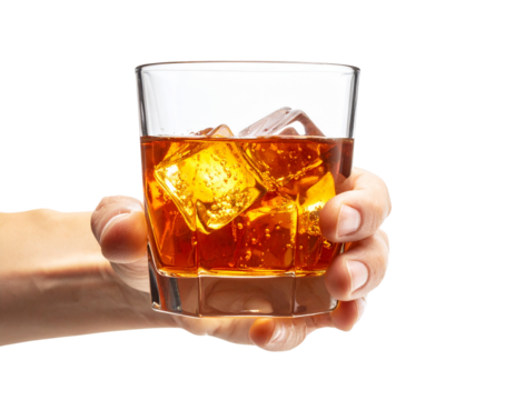 Male Hand Holding Crystal Whiskey Glass with Ice Cubes, front view, isolated on transparent background