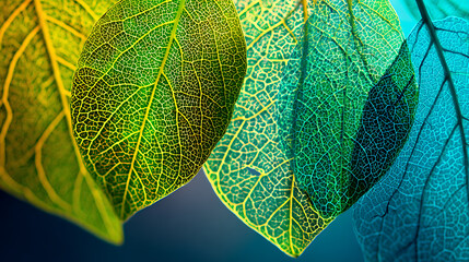 Close up of translucent leaves with intricate vein patterns in vibrant green and yellow hues veins