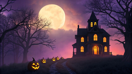 Spooky victorian mansion under a giant full moon with jack o lanterns on halloween night