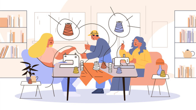 Sewing hobby group creative teamwork home interior people using sewing machines colorful threads cozy living room modern workspace