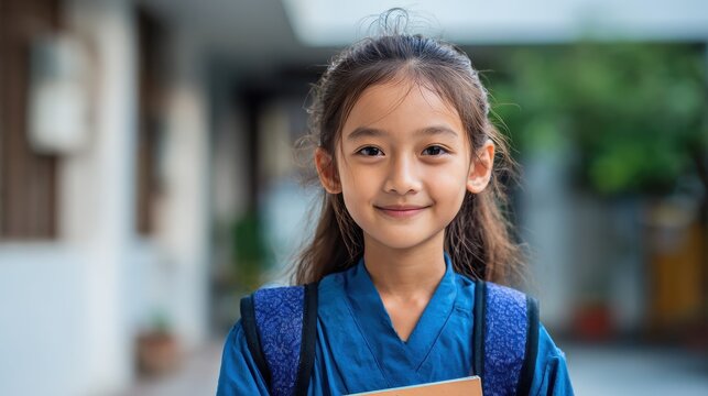 smiling student girl wearing school backpack and holding exercise book portrait of happy asian young girl outside the primary school closeup face of smiling hispanic schoolgirl looking at camera no l - Powered by Adobe
