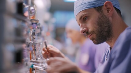 Closefocused shot on ECMO specialist calibrating sweep gas flow controls emphasizing technical skill with anesthesia machinery gently fading in the background.