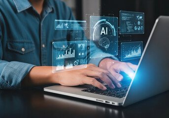 Person typing on a laptop with futuristic ai and data analysis visualizations glowing around them, representing technology and innovation