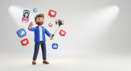 A 3d cartoon man holding a selfie stick with a phone, surrounded by social media likes and profile icons, representing online influence and content creation