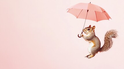 A squirrel is flying through the air while holding an umbrella.