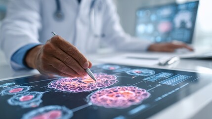 Medium frame showing oncologist pointing to handdrawn tumor features on a pad with softfocused electronic medical records and team notes behind highlighting patientfriendly