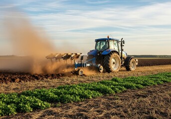 Obraz premium Blue tractor plowing a field creating a dust cloud during golden hour with green crops in the foreground isolated on transparent background