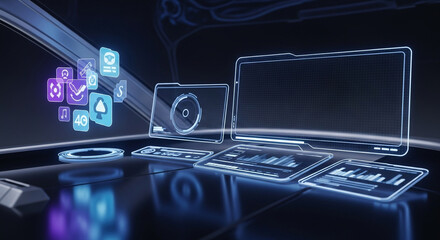 Fototapeta premium Futuristic holographic interface with glowing blue and purple neon lights displaying data and app icons on a futuristic computer screen