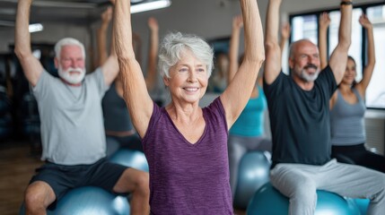 elderly couple doing pilates class at the gym with a group of diverse younger people balancing on the gym ball with raised arms to tone their muscles in an active retirement concept no logos no brand