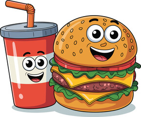 Cartoon hamburger and drink cup, smiling faces, expressive eyes, sesame bun, red cup with straw, playful food vector illustration