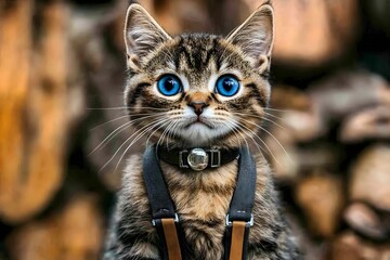 Adorable Kitten with Blue Eyes Wearing Suspenders