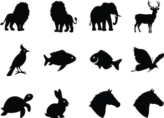 Naklejka premium Collection of Animal Silhouettes for Graphic Design, Diverse Wildlife Vector Icons for Creative Projects