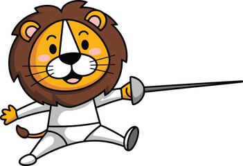 Cartoon lion character, fencing outfit, white jacket, foil sword, lunging pose, cheerful expression, sports animal, vector illustration, dynamic action