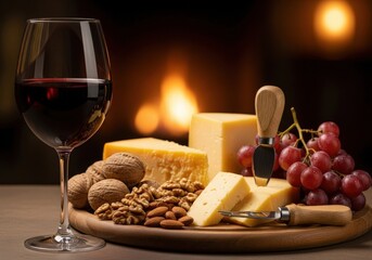 Gourmet cheese platter with red wine and nuts featuring a cozy fireplace in the background isolated on transparent background