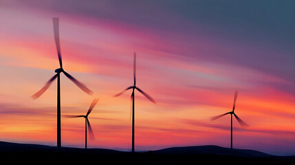 Silhouetted wind turbines spinning against a vibrant sunset sky clouds long exposure
