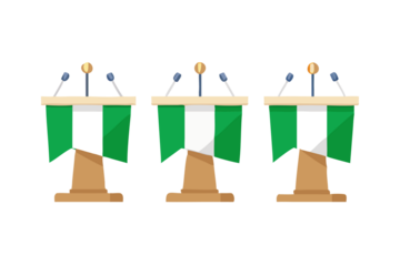 Three podiums with microphones and nigerian flags for a political event