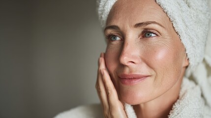 happy beautiful middle aged woman wearing bathrobe and white towel with perfect complexion touching face looking away in bathroom advertising of skin care spa wellness concept closeup portrait no log