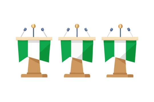 Three podiums with microphones and nigerian flags for a political event
