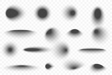 Realistic shadow effect in round, sphere, and oval shapes. Set of transparent shadow effects in geometric shapes. Falling 3D shadow effect from spheres, circles, and ovals. Vector